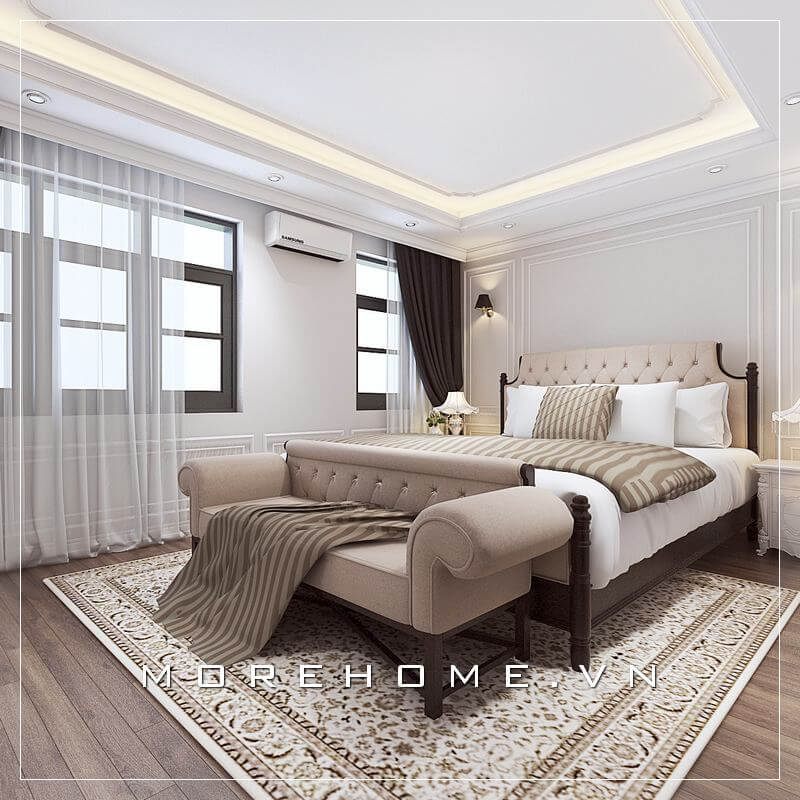 Giường ngủ biệt thự tân cổ điển với những đường nét chạm khắc hài hòa và tối giản nhất tạo nên không gian trang nhã, thanh lịch cho căn phòng